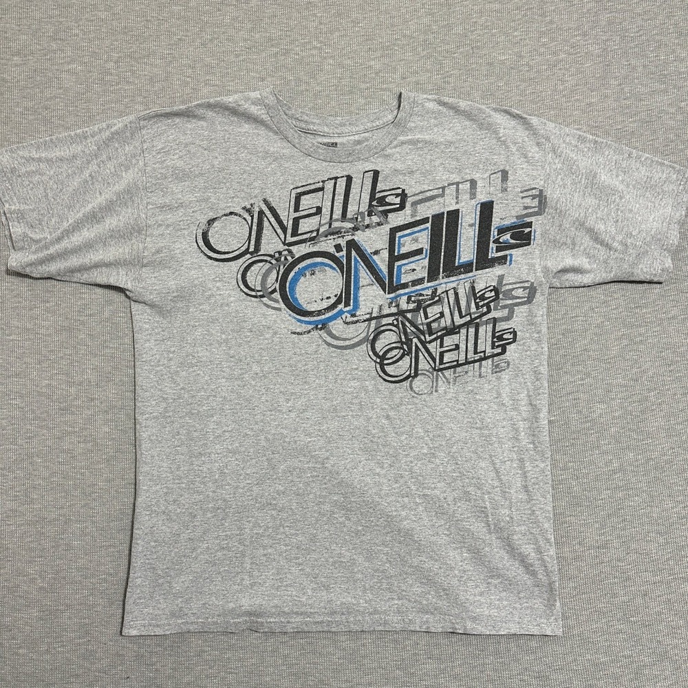 O'Neill Mens Large Gray Spellout Logo Graphic Tee Y2K Surf Skate Streetwear